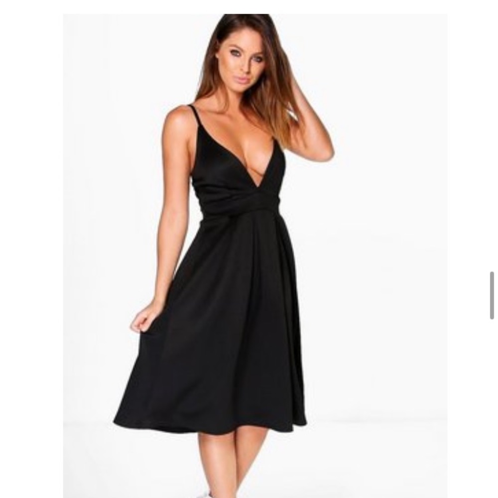Ash Plunge Neck Full Skirt Midi Skater Dress